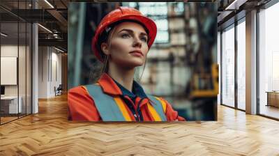 Female Industrial Worker in Red Hard Hat, Looking Upward in a Factory Wall mural