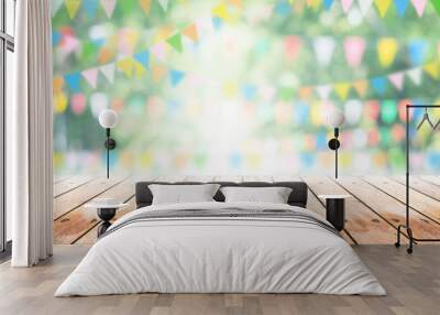 Empty wooden table with party in garden background blurred. Wall mural