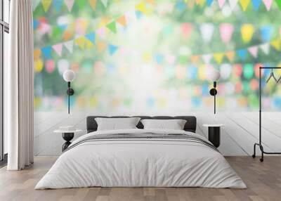 Empty wooden table with party in garden background blurred. Wall mural