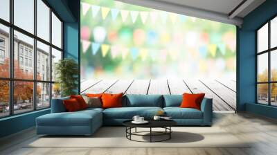 Empty wooden table with party in garden background blurred. Wall mural