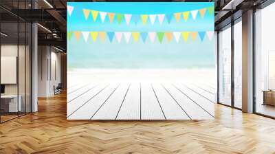 old wood table top on blurred beach background with coconut leaf. Concept Summer, Beach, Sea, Relax. Wall mural