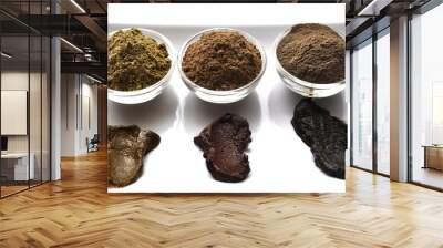 A selection of various natural henna (Lawsonia inermis) hair color dyes wet mixture isolated on white Wall mural