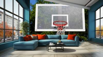 A glass backboard on the outdoors basketball hoop.  Wall mural