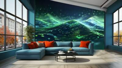 Abstract image featuring blue and green tones. It is a digital binary code wave background Wall mural