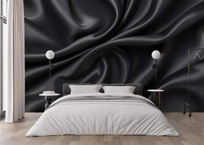 Black silk background with dark luxurious fabric draped texture folds in waves of flowing soft pattern, abstract satin or velvet cloth in luxury material design. ai Wall mural