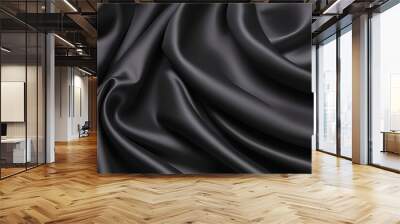 Black silk background with dark luxurious fabric draped texture folds in waves of flowing soft pattern, abstract satin or velvet cloth in luxury material design. ai Wall mural