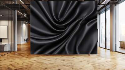 Black silk background with dark luxurious fabric draped texture folds in waves of flowing soft pattern, abstract satin or velvet cloth in luxury material design. ai Wall mural