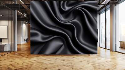 Black silk background with dark luxurious fabric draped texture folds in waves of flowing soft pattern, abstract satin or velvet cloth in luxury material design. ai Wall mural