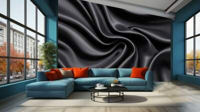 Black silk background with dark luxurious fabric draped texture folds in waves of flowing soft pattern, abstract satin or velvet cloth in luxury material design. ai Wall mural