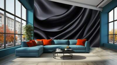 Black silk background with dark luxurious fabric draped texture folds in waves of flowing soft pattern, abstract satin or velvet cloth in luxury material design. ai Wall mural