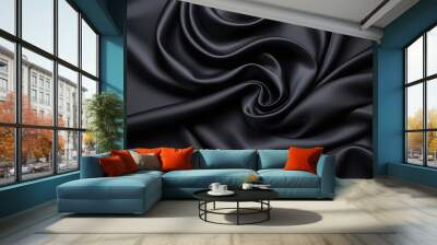 Black silk background with dark luxurious fabric draped texture folds in waves of flowing soft pattern, abstract satin or velvet cloth in luxury material design. ai Wall mural