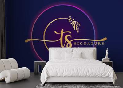 luxury gold signature initial ts logo design isolated leaf and flower Wall mural