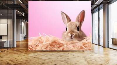 illustration of a rabbit on a pink Peach Fuzz background with hay. Easter poster, banner. Place for text. Postcard. Invitation Bunny. Cute animal Wall mural