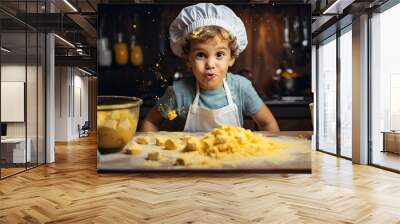 little child baking. child learns to cook ravioli. modern kitchen background. boy cook. emotional face of a child. semola on the table. Wall mural