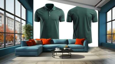 Front and back view of a blank dark green polo shirt isolated on the transparent PNG background Wall mural