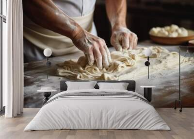 The cook's male hands close making pasta Wall mural