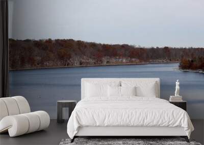 The peaceful lake on a cold autumn snowy day. Wall mural