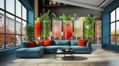 A colorful array of refreshing herb-based drinks served in vibrant glasses Wall mural