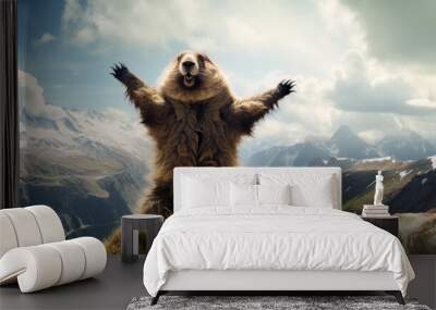 A cute fluffy marmot crawled out of its hole among the mountains and rocks on a sunny spring day. Wall mural