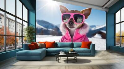 A happy, active, small, cheerful dog in a pink jacket and glasses runs through the snow overlooking a snowy landscape of a forest and mountains, at a ski resort. Wall mural