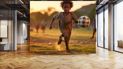 A poor, beggar, talented happy black African boy plays football with a soccer ball in his village. Wall mural