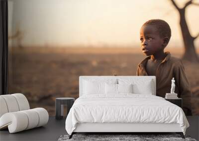 A poor, beggarly, hungry child in Africa, thirsty to drink water against the backdrop of dried trees where there is no life. Wall mural