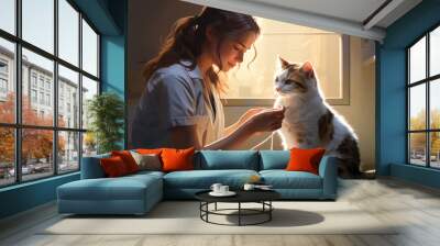 A veterinarian doctor examines a white cat in the clinic. Pet care and grooming concept Wall mural