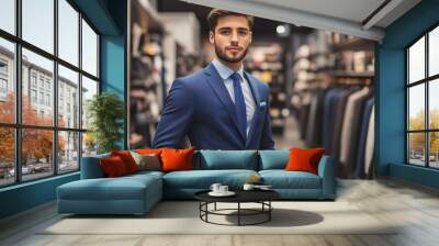 A young man confidently showcasing a stylish suit in a fashion boutique Wall mural