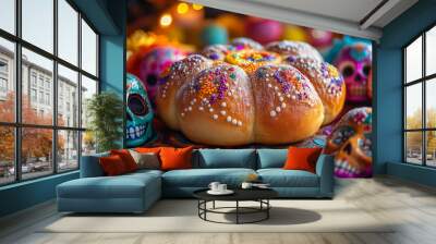 Deliciously crafted pan de muerto adorned with vibrant sugar decorations, celebrating a traditional festival in Mexico's rich cultural landscape Wall mural