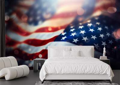 Festive salute, fireworks against the background of the flag of the United States of America. Wall mural