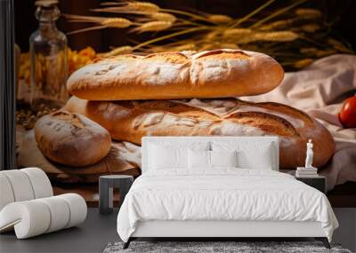 Fresh fragrant, still life with French baguettes from fresh bread with poolish on a wooden cutting board and wheat.n. Fresh classic pastries. Wall mural