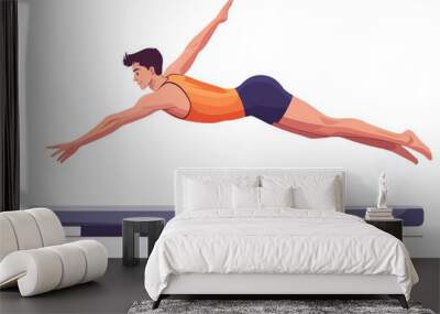 Male gymnast performing an impressive flying leap over the balance beam in a dazzling display of athleticism in a competition setting Wall mural