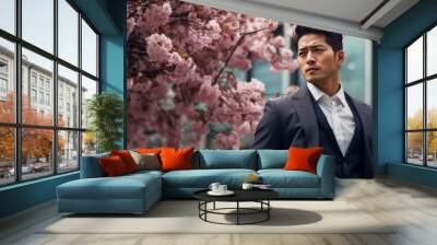 Modern happy young smiling Asian business man on the background of pink cherry blossoms and metropolis city. Wall mural