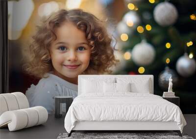 Portrait of a cute, happy little girl near the New Year tree on Christmas Eve in a home interior. Wall mural