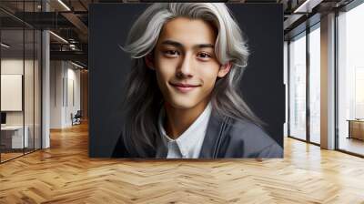 Portrait of a cute handsome happy Asian blond teenager guy with white long hair and perfect skin, gray background, banner. Wall mural