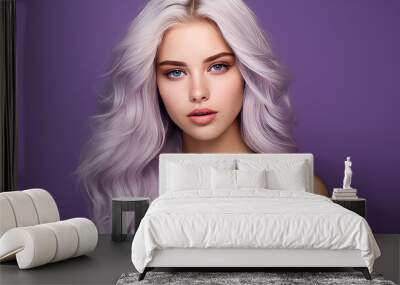 Portrait of a serious aggressive blonde teenage girl with white long hair with perfect skin, purple background, banner. Wall mural