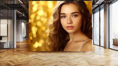 Portrait of a serious aggressive teenage girl with perfect skin, golden background, banner. Wall mural