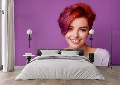 Portrait of a smiling cheerful teenage girl with a short haircut and red hair, purple background, banner. Wall mural