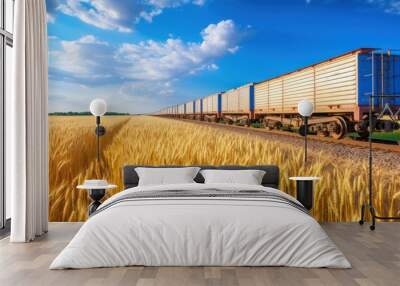 Railway train with wagons during the transportation of wheat and grain close-up, next to a wheat field and blue sky, top view, at the conclusion of a grain trade deal. Wall mural