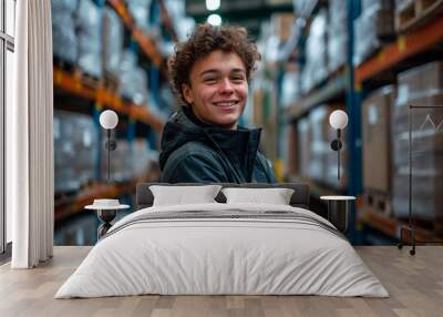 Smiling young trainee standing with arms crossed in warehouse at factory. Wall mural