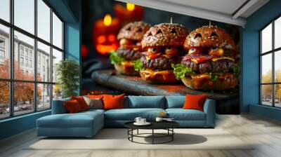 spooky halloween monster burgers on a cutting board Wall mural