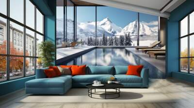 Swimming pool with panoramic windows in an ecological chalet hotel at an alpine ski resort overlooking the snowy landscape and mountains. Wall mural