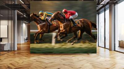 two jockeys racing on horses at track Wall mural