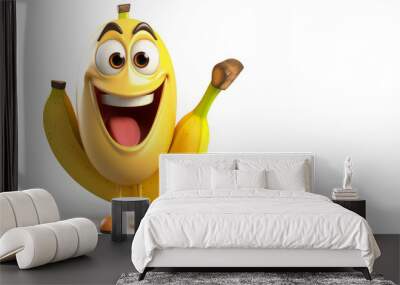 Yellow banana with a cheerful face 3D on a white background. Wall mural