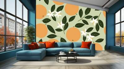 Seamless pattern design of orange fruit with the leaves and flowers of the tree with a light green background and with modern style Wall mural