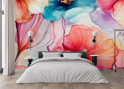 Abstract flowers and leaves painted seamless repeating pattern.  Wall mural