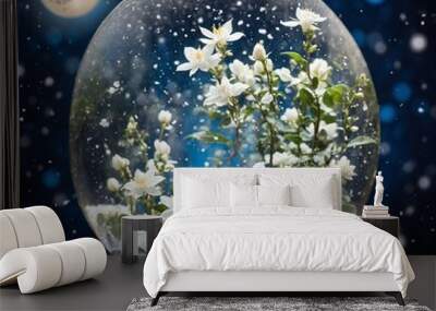 Snow globe with white jasmine flowers and moon in the background Wall mural