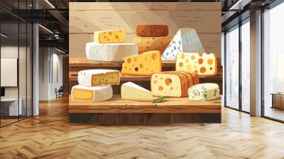 A rustic wooden table with various types of cheese Wall mural