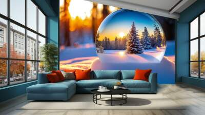 beautiful christmas decoration with a snowy glass ball at sunset in the forest. beautiful christmas  Wall mural