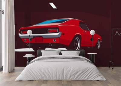 3d realistic illustration muscle red car rendering in garage vintage classic sport car back side view rear chrome wheel and back bumper closeup red tail lights two mufflers sports Illustration Wall mural